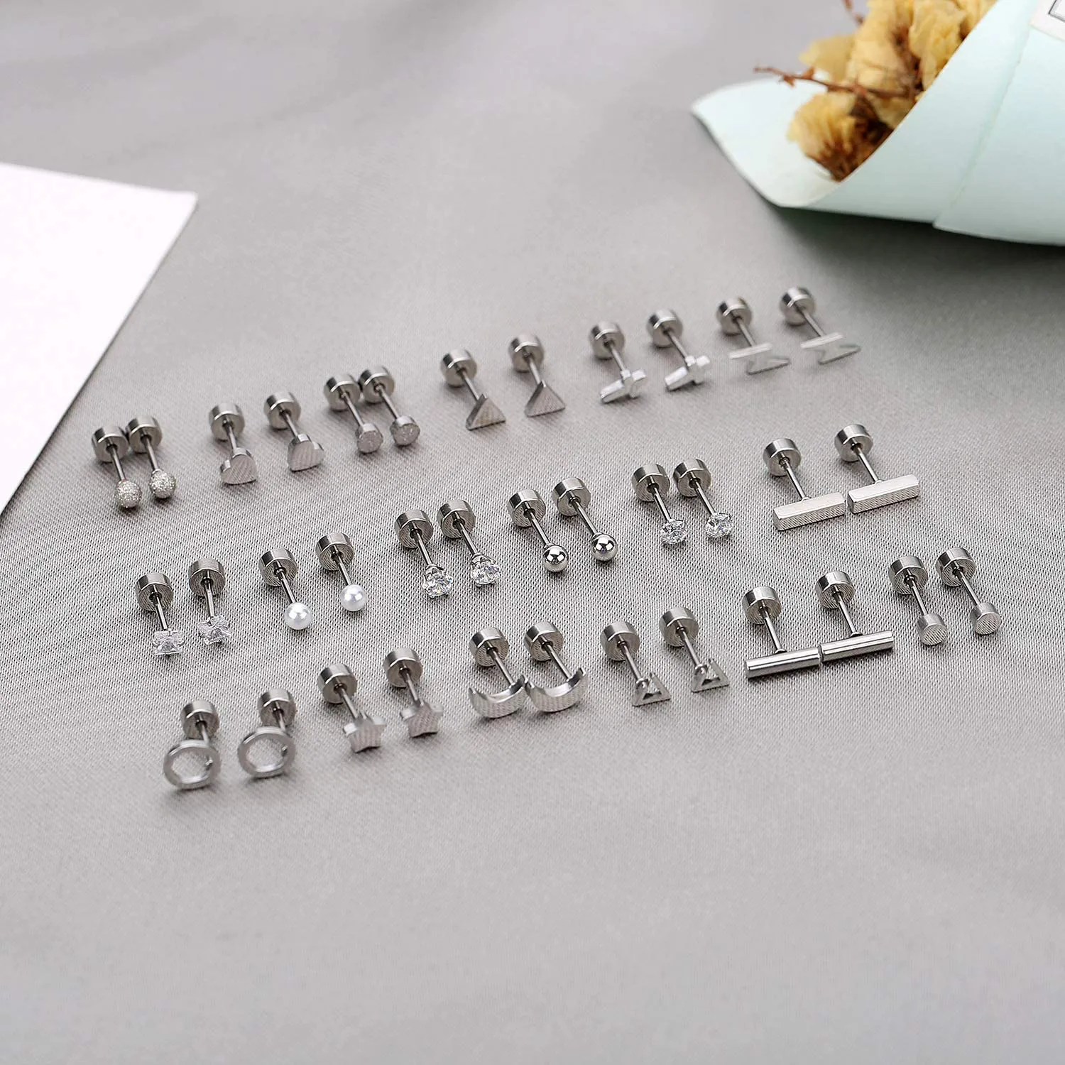 18 Pairs Tiny Cartilage Stud Earrings Set for Women Men Star Triangle Moon Heart Disc Ball CZ Small Screwback Flat Back Stud Earrings Stainless Steel Geometric Barbell Flatback Earrings Piercing Set