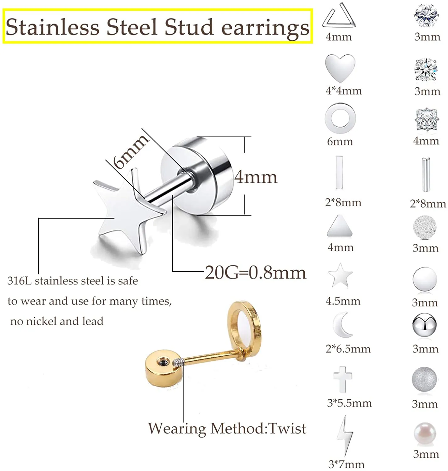 18 Pairs Tiny Cartilage Stud Earrings Set for Women Men Star Triangle Moon Heart Disc Ball CZ Small Screwback Flat Back Stud Earrings Stainless Steel Geometric Barbell Flatback Earrings Piercing Set