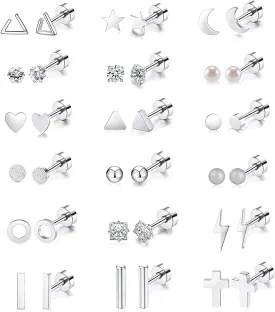 18 Pairs Tiny Cartilage Stud Earrings Set for Women Men Star Triangle Moon Heart Disc Ball CZ Small Screwback Flat Back Stud Earrings Stainless Steel Geometric Barbell Flatback Earrings Piercing Set