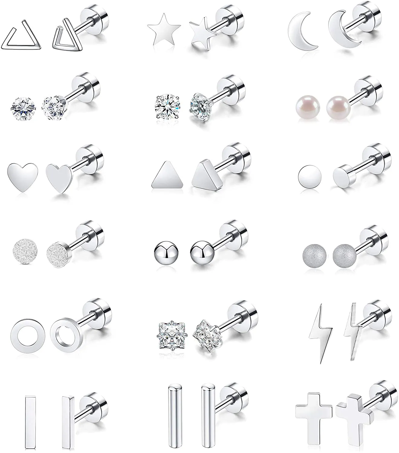 18 Pairs Tiny Cartilage Stud Earrings Set for Women Men Star Triangle Moon Heart Disc Ball CZ Small Screwback Flat Back Stud Earrings Stainless Steel Geometric Barbell Flatback Earrings Piercing Set