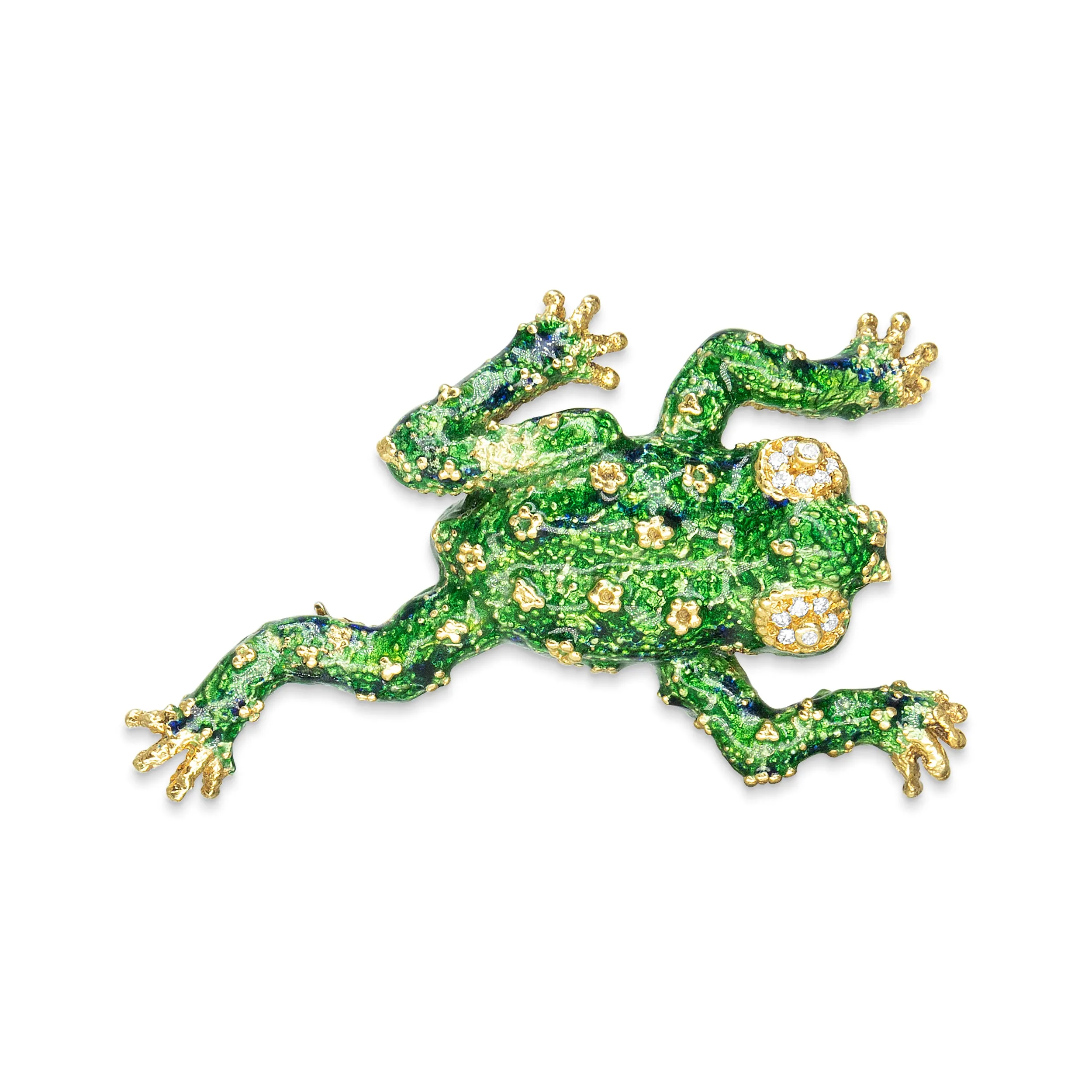 18K Yellow Gold 1/6 Cttw Diamond Green Frog Enamel Floral Brooch Pin