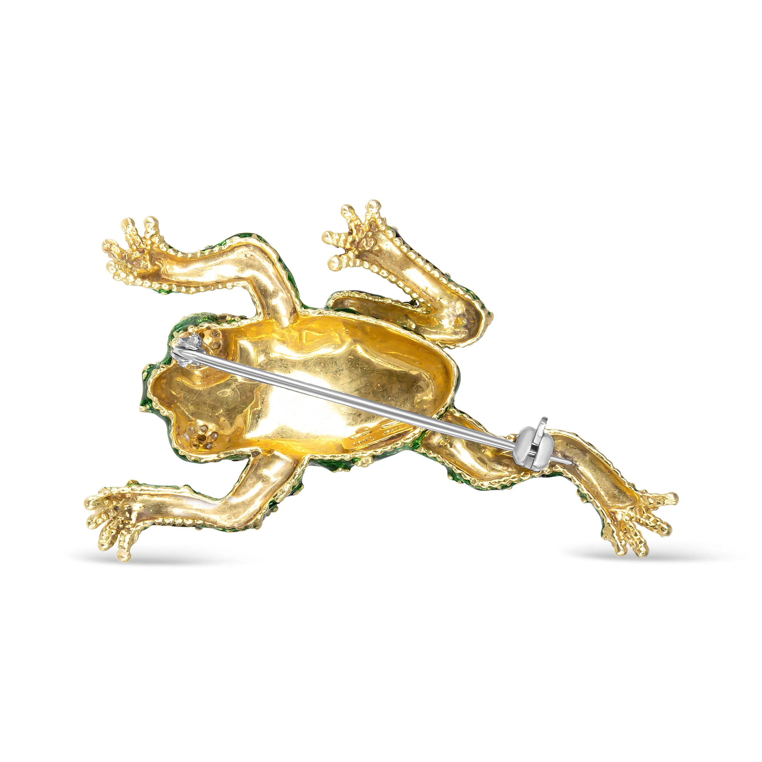 18K Yellow Gold 1/6 Cttw Diamond Green Frog Enamel Floral Brooch Pin