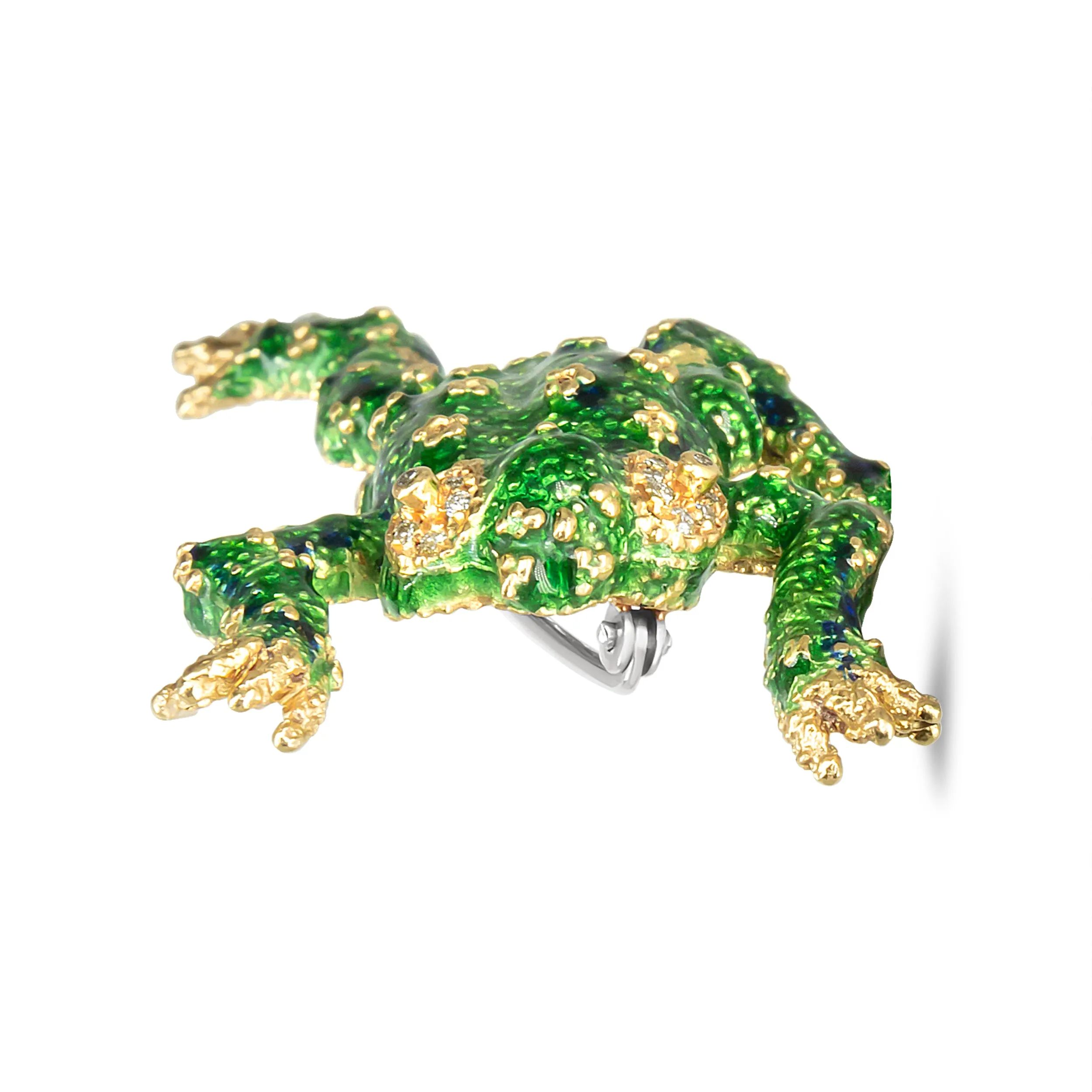 18K Yellow Gold 1/6 Cttw Diamond Green Frog Enamel Floral Brooch Pin