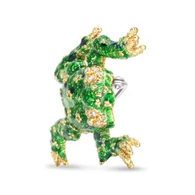 18K Yellow Gold 1/6 Cttw Diamond Green Frog Enamel Floral Brooch Pin