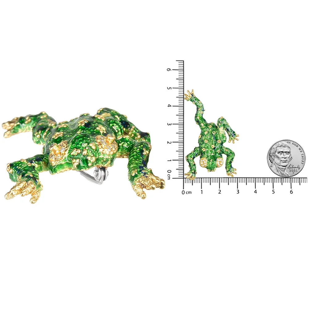 18K Yellow Gold 1/6 Cttw Diamond Green Frog Enamel Floral Brooch Pin