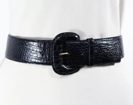 1990s Navy Blue Belt - Size 6 to 10 Faux Alligator Reptile Snakeskin Pattern - Small Medium 80s 90s Vegan Snake Skin - Waist 26 to 29.5