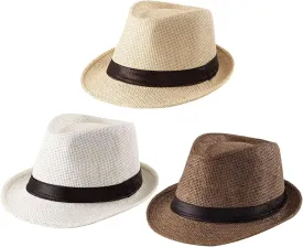 3 Pack Men Women Straw Panama Hat Fedora Beach Sun Hat Short Brim Trilby Hat