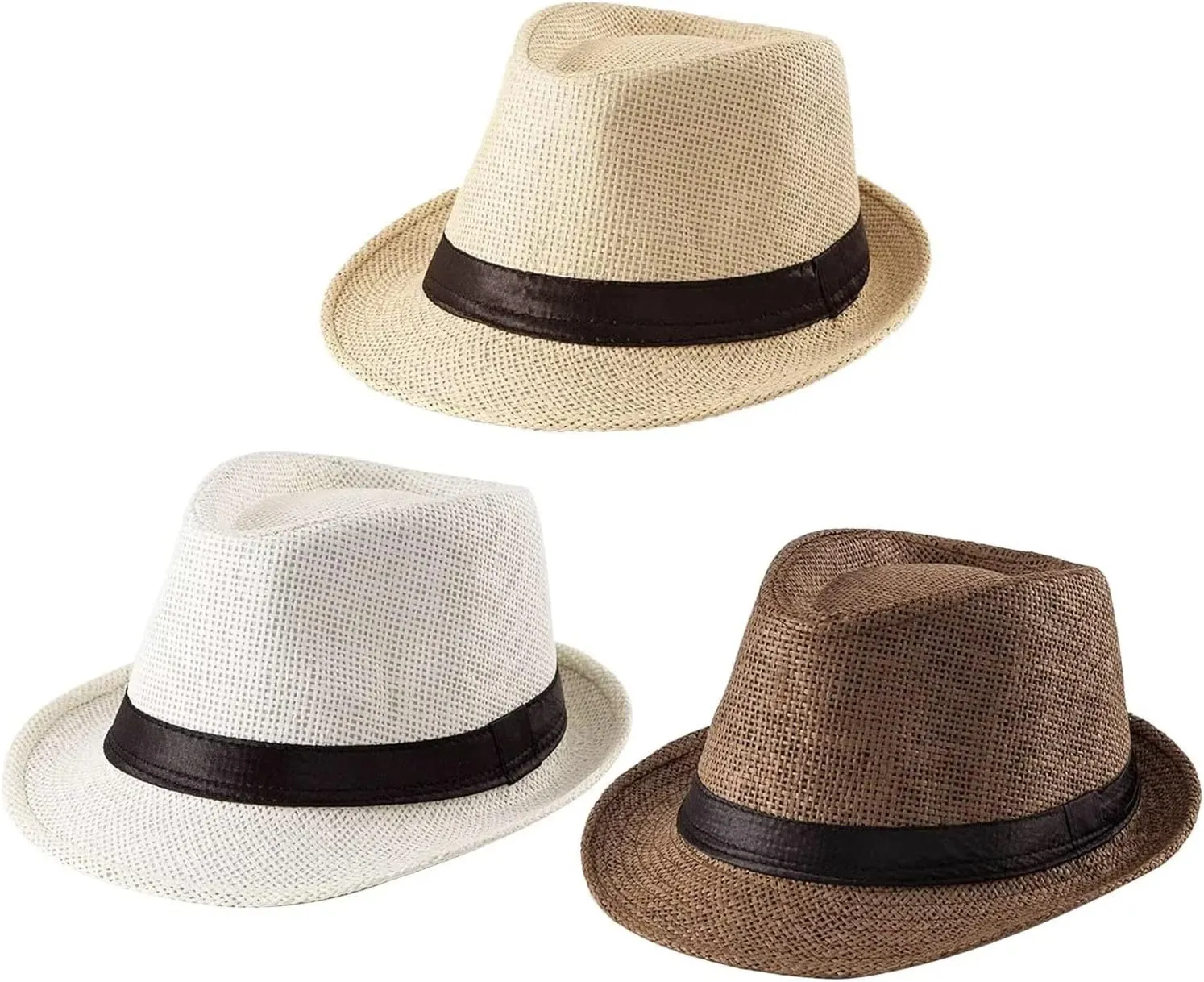 3 Pack Men Women Straw Panama Hat Fedora Beach Sun Hat Short Brim Trilby Hat