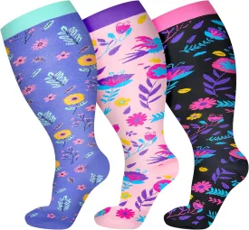 3 Pairs Plus Size Compression Socks for Women Wide Calf Extra Large Knee High Support for Travel,Yoga, Running