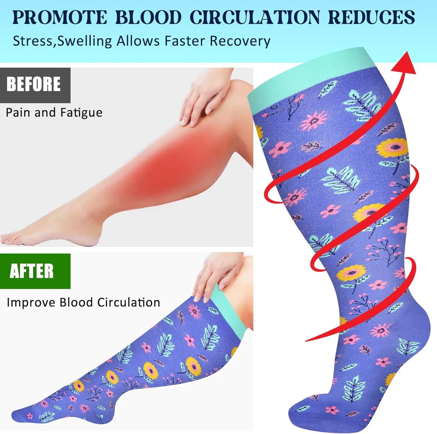 3 Pairs Plus Size Compression Socks for Women Wide Calf Extra Large Knee High Support for Travel,Yoga, Running