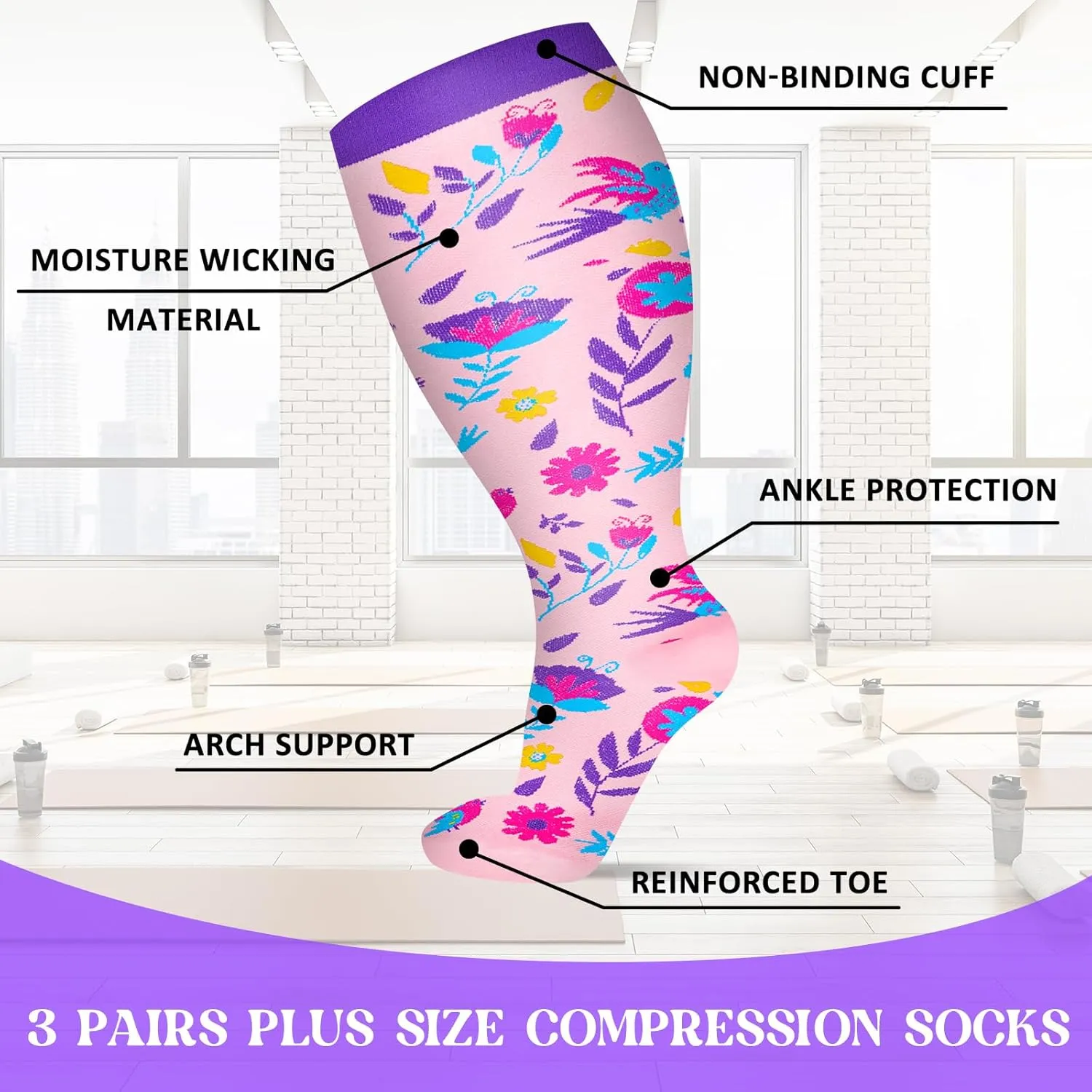 3 Pairs Plus Size Compression Socks for Women Wide Calf Extra Large Knee High Support for Travel,Yoga, Running