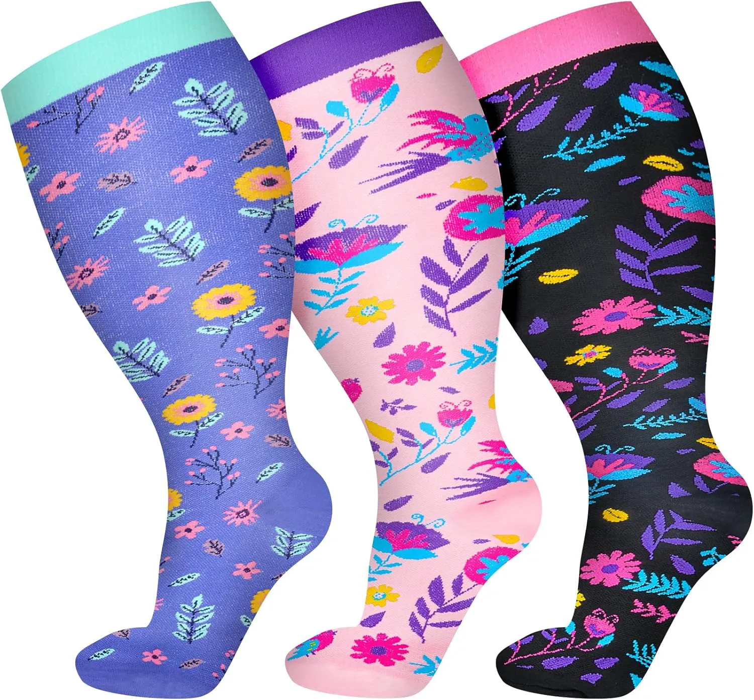 3 Pairs Plus Size Compression Socks for Women Wide Calf Extra Large Knee High Support for Travel,Yoga, Running