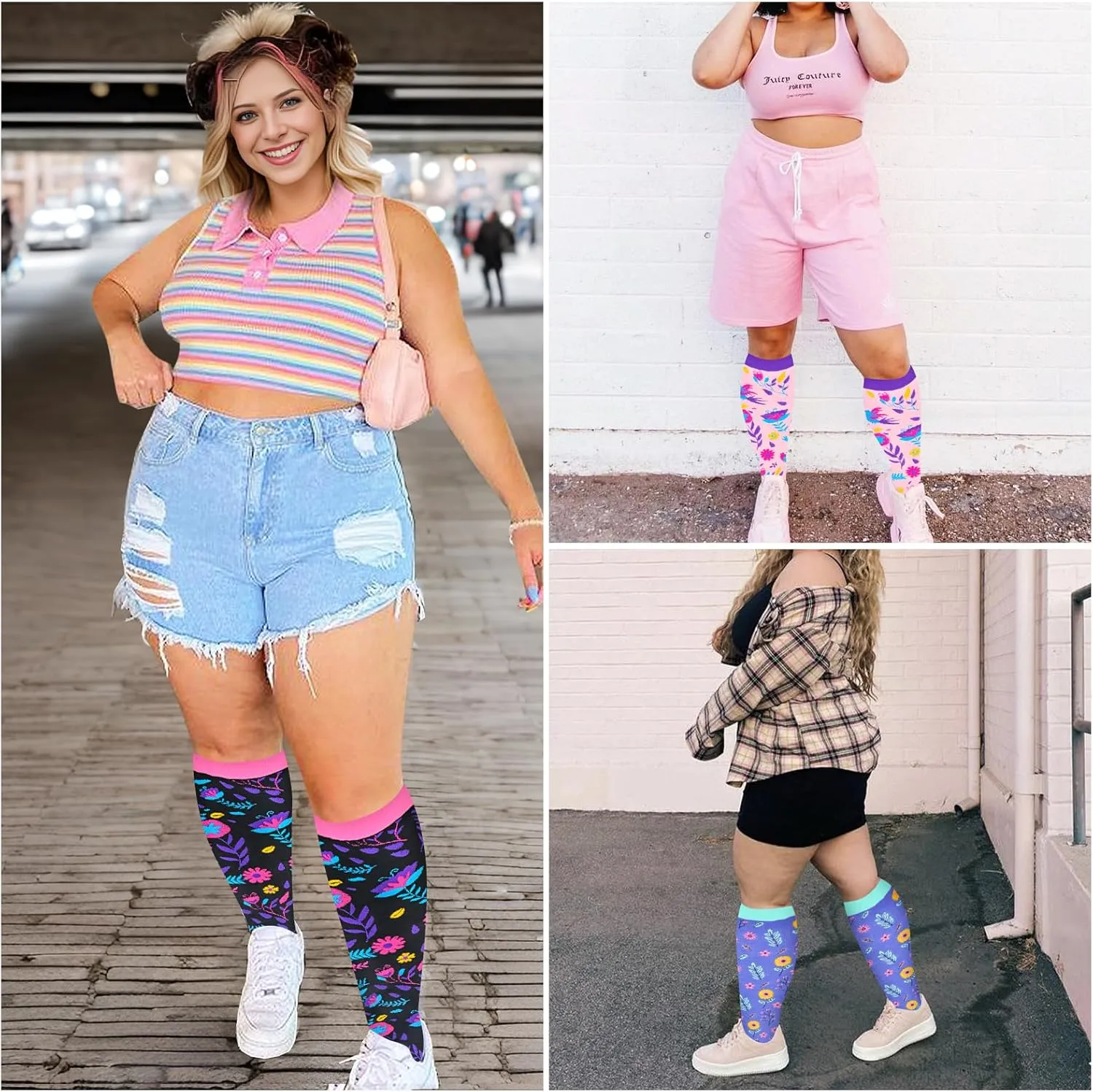 3 Pairs Plus Size Compression Socks for Women Wide Calf Extra Large Knee High Support for Travel,Yoga, Running