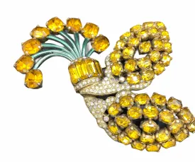40s Massive Coat Clip Brooch Yellow Rhinestone Spray