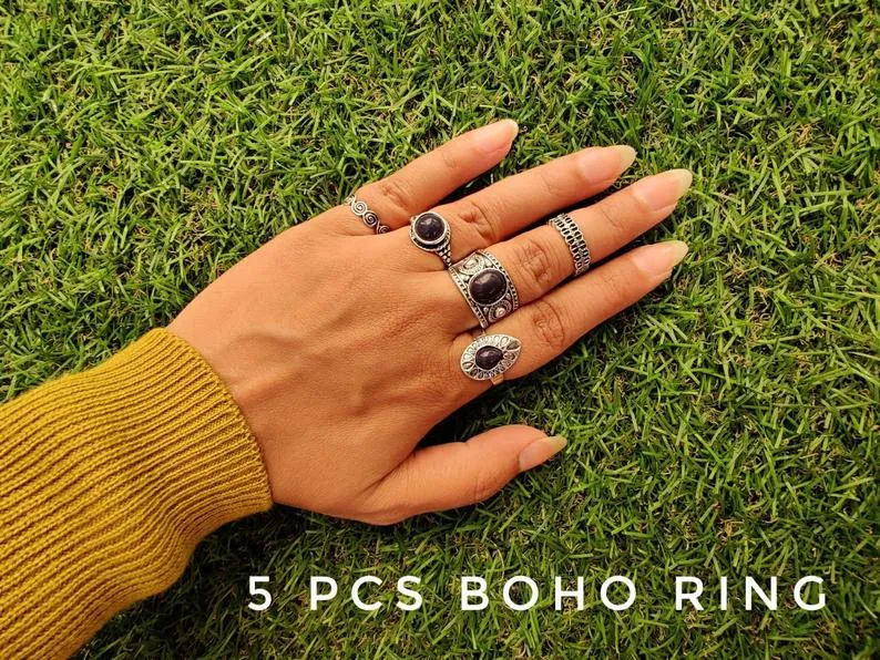 5 Piece Bohemian vintage Tribal Midi Stackable Ring Set