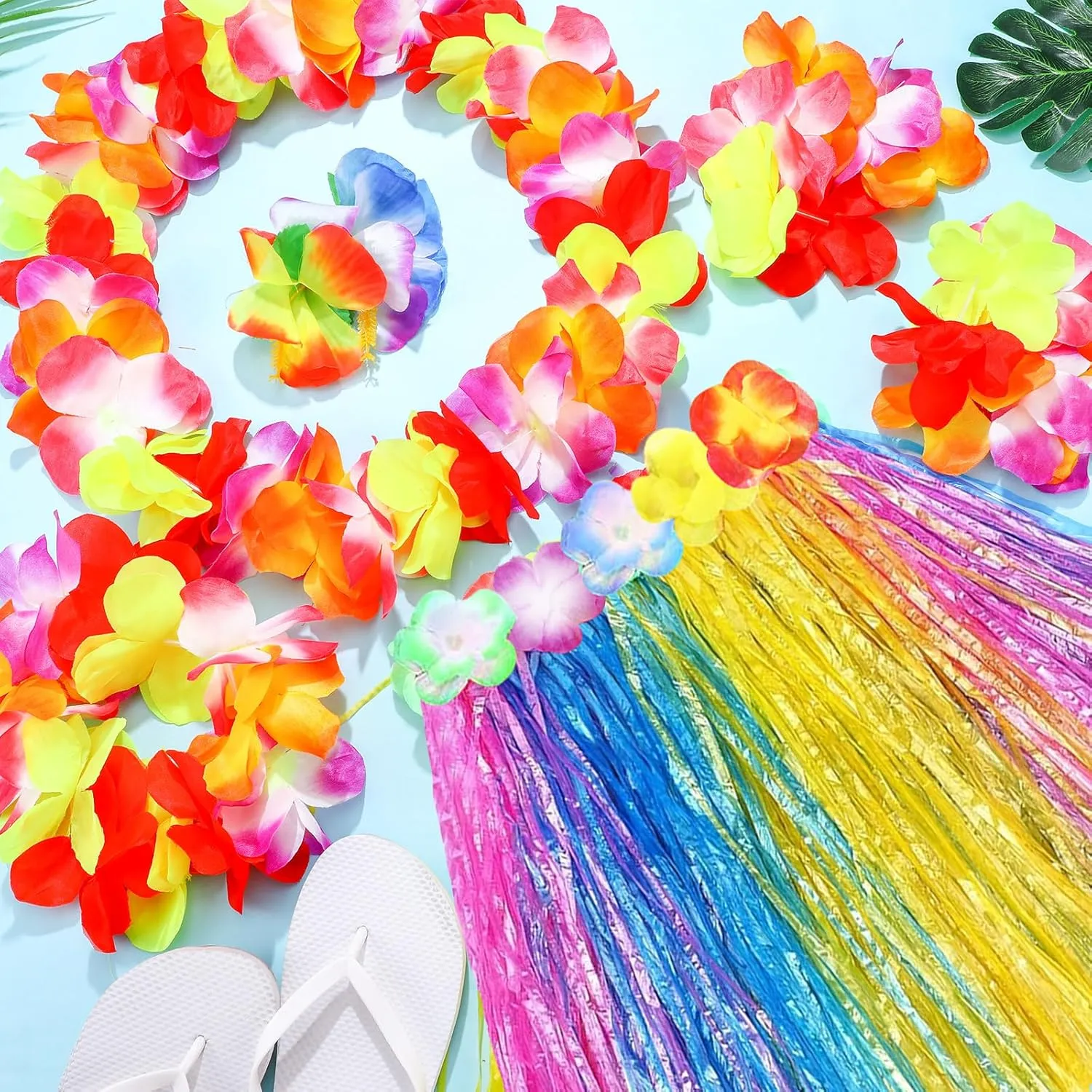 7 Pcs Hawaiian Luau Hula Grass Skirt with Flower Costume Set Flower Bracelet Headband Necklace Hibiscus Hair Clip Women