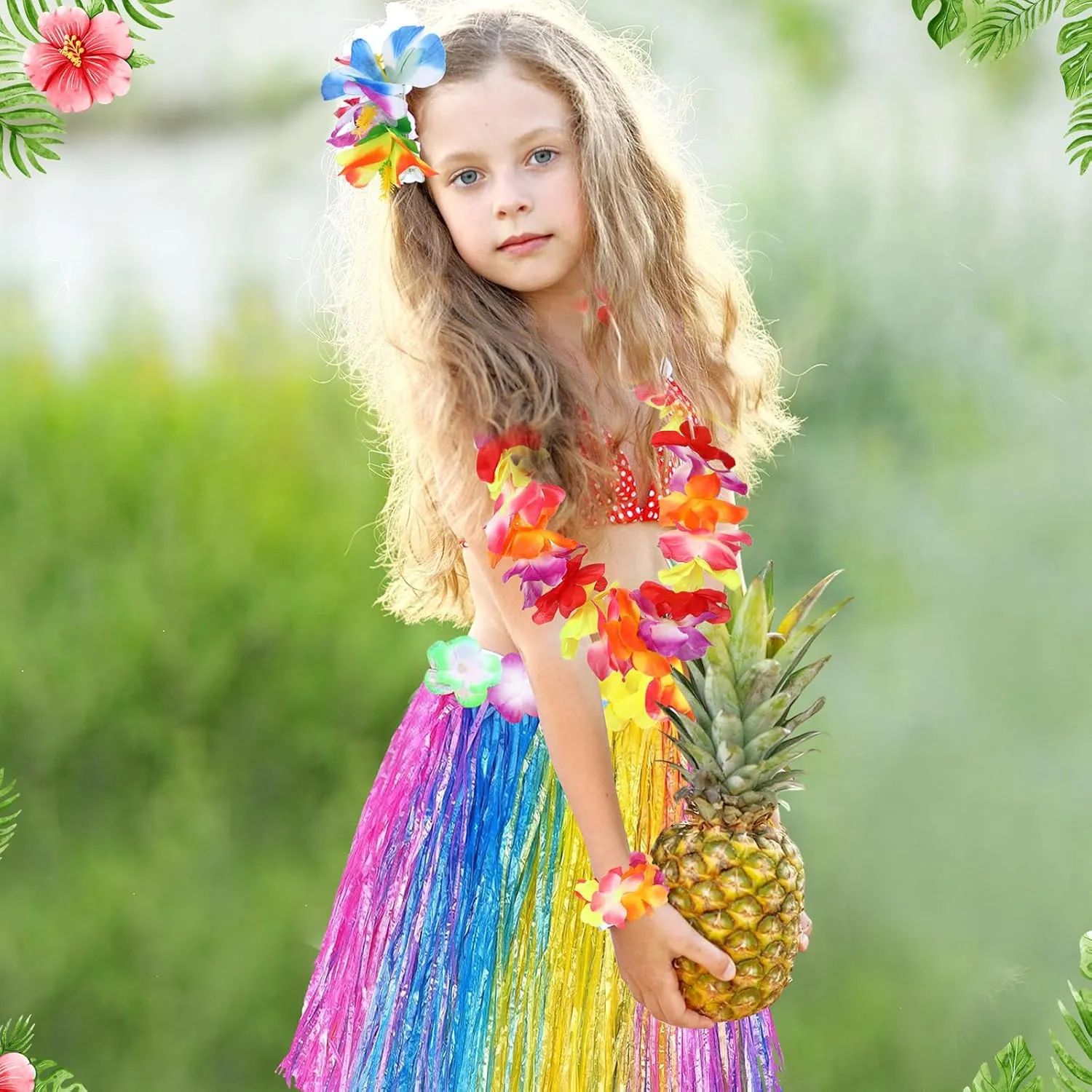 7 Pcs Hawaiian Luau Hula Grass Skirt with Flower Costume Set Flower Bracelet Headband Necklace Hibiscus Hair Clip Women