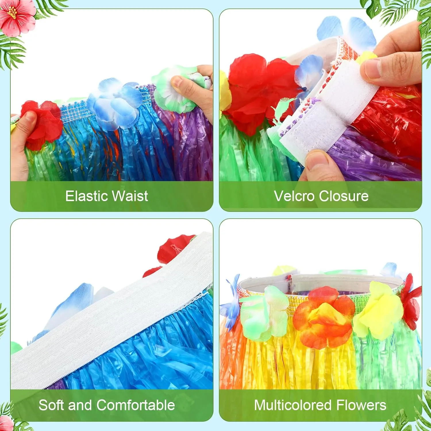 7 Pcs Hawaiian Luau Hula Grass Skirt with Flower Costume Set Flower Bracelet Headband Necklace Hibiscus Hair Clip Women
