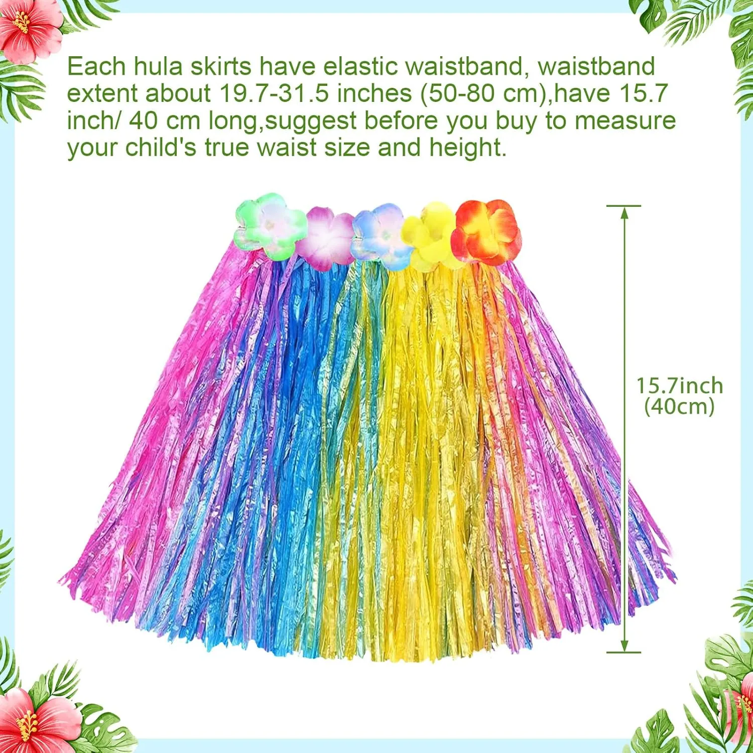 7 Pcs Hawaiian Luau Hula Grass Skirt with Flower Costume Set Flower Bracelet Headband Necklace Hibiscus Hair Clip Women