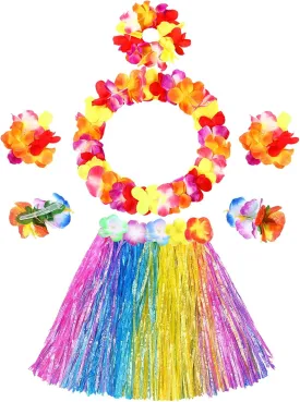 7 Pcs Hawaiian Luau Hula Grass Skirt with Flower Costume Set Flower Bracelet Headband Necklace Hibiscus Hair Clip Women