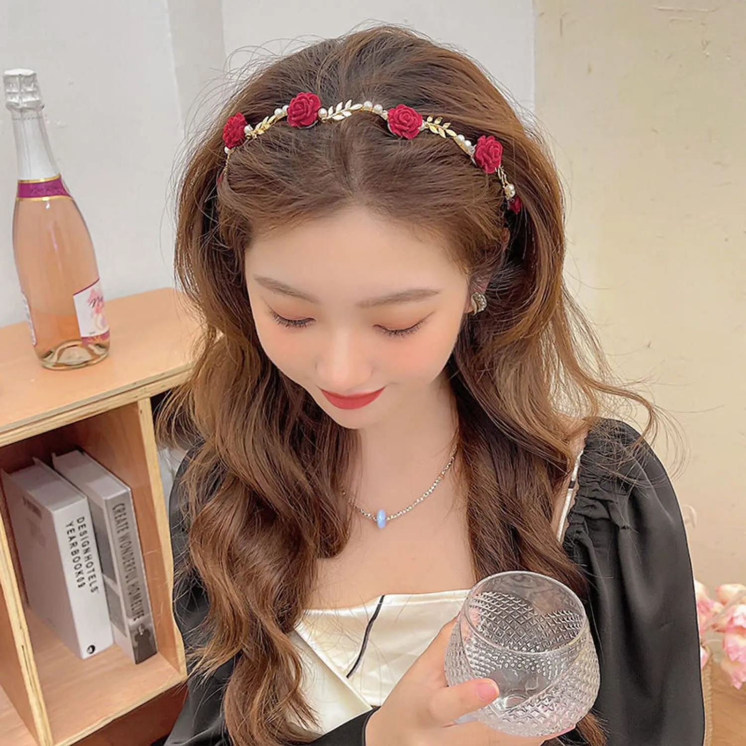 AIUPUOC Valentine Headband Hair Clips Flower Metal Hair Accessories Exquisite Red Rose Gold Metal Design Elegant Hair Hoop Hairbands Hair Band Hairpin for Women Girls Scrunchies 1Pcs
