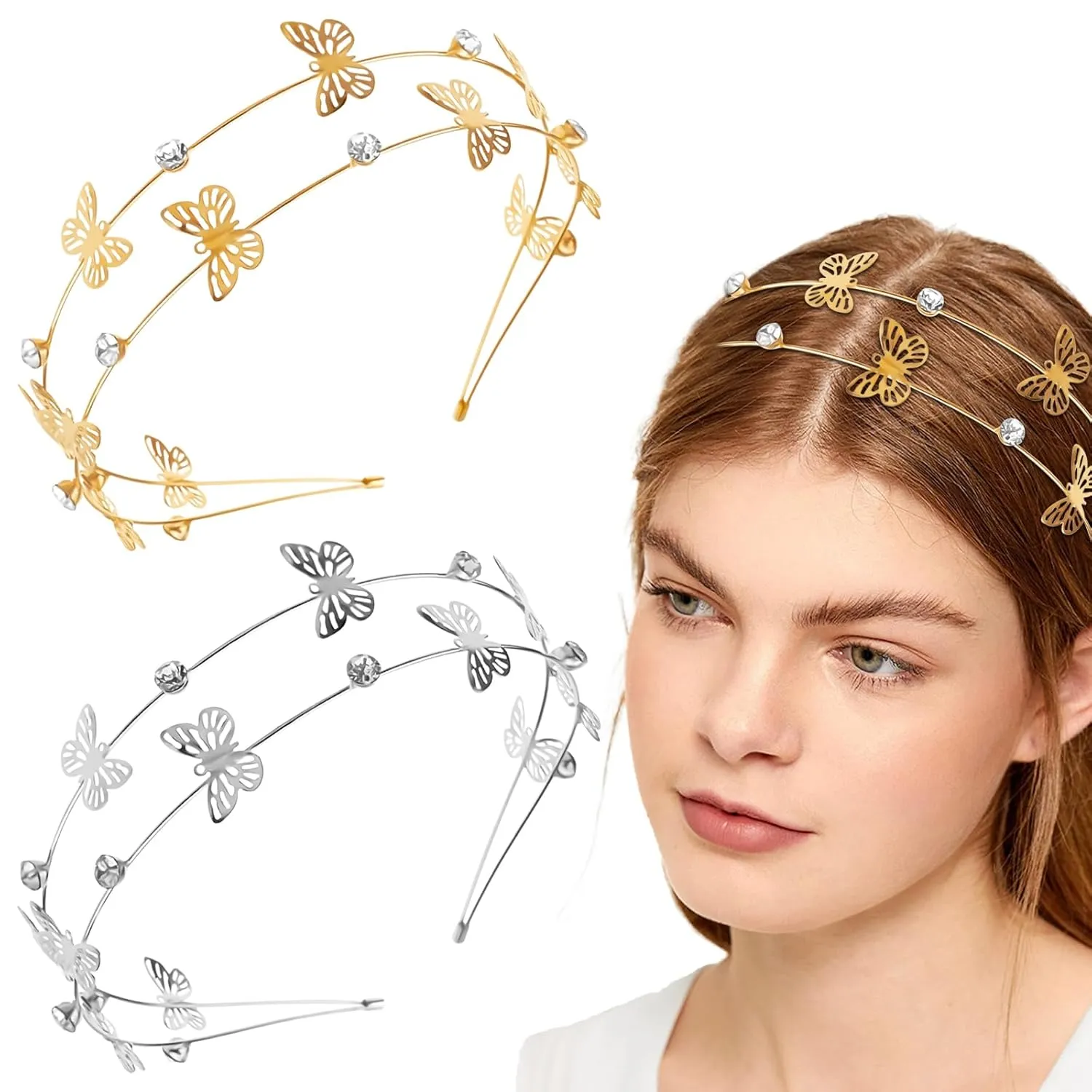 Aswewamt 2 Pcs Alloy Butterfly Rhinestone Headbands Bridal Hair Hoop Wedding Hair Accessories Ornaments for Elegant Women Girls