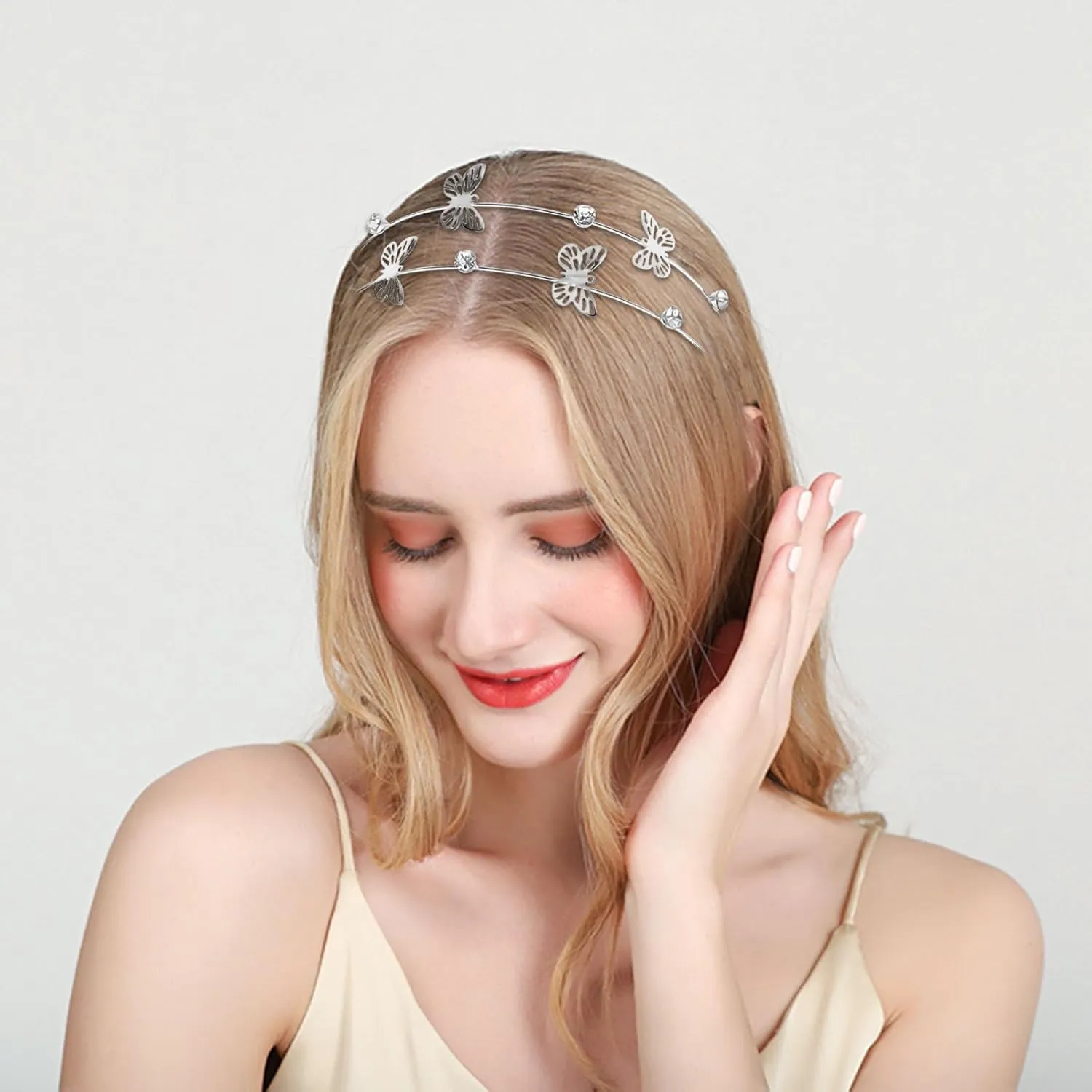 Aswewamt 2 Pcs Alloy Butterfly Rhinestone Headbands Bridal Hair Hoop Wedding Hair Accessories Ornaments for Elegant Women Girls