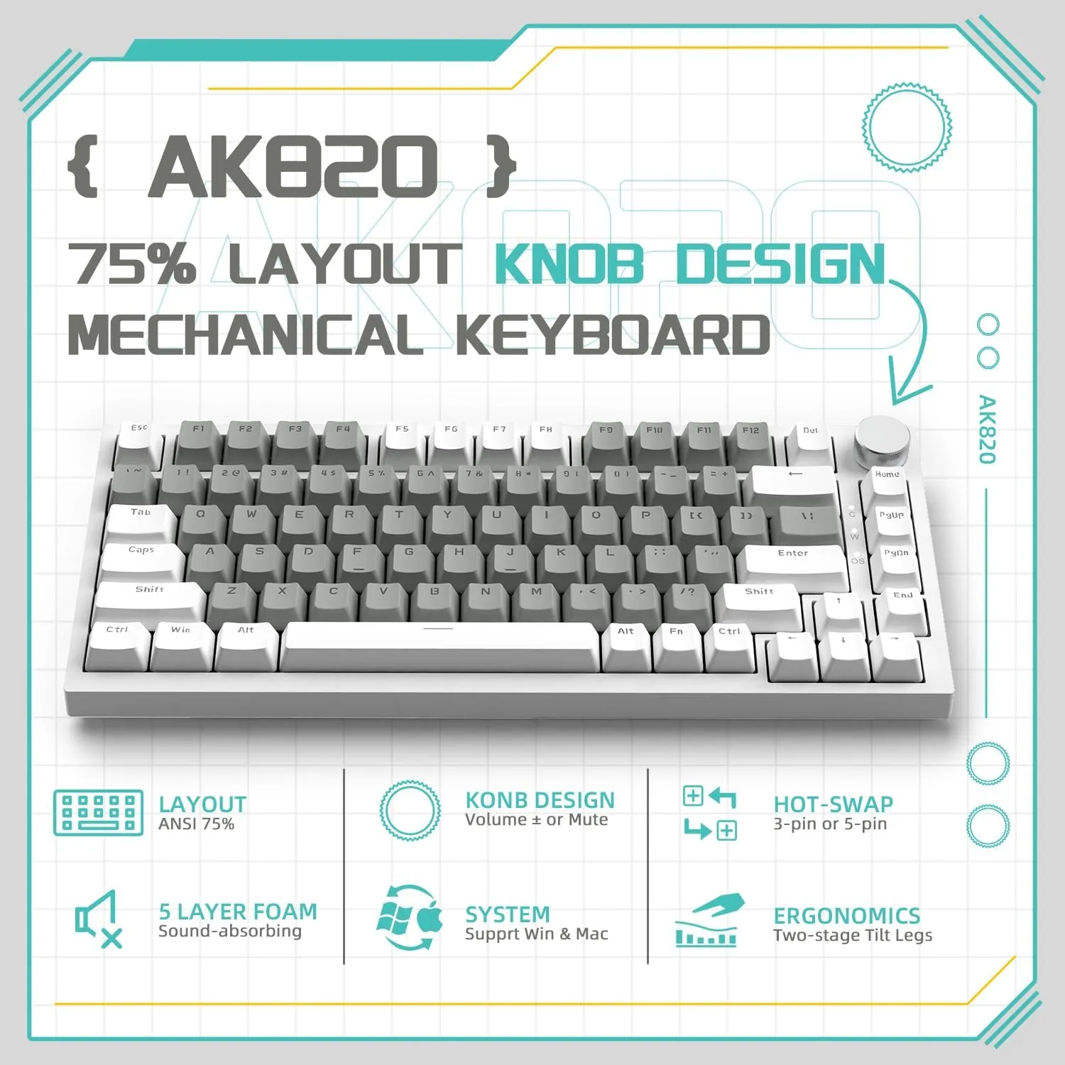 Attack Shark ajazz AK820 75% Mechanical Gaming Keyboard with Knob Hot Swappable Custom Gasket Mounted Keyboard USB-C Wired White LED Linear HP Red Switch for PC/Win/Mac