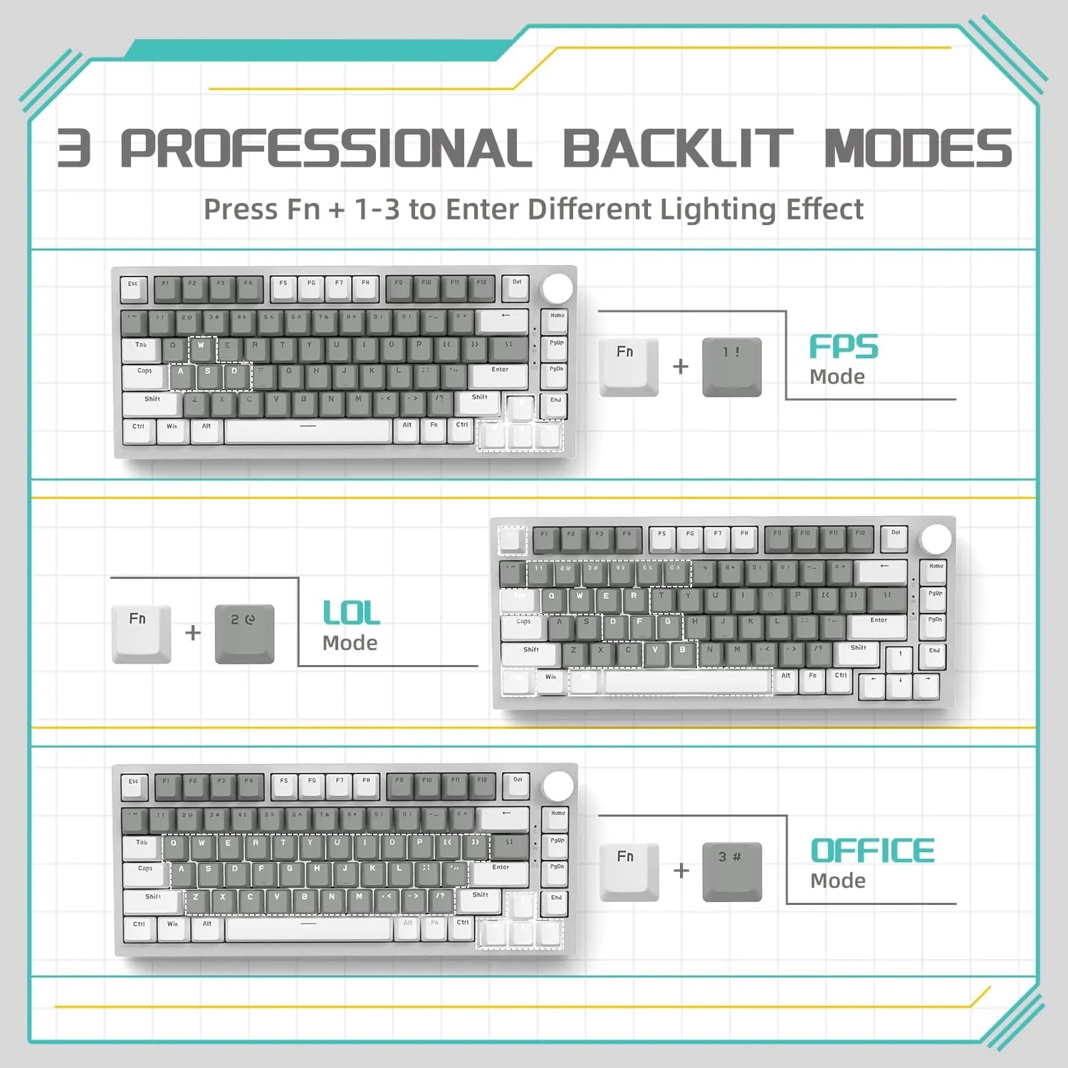Attack Shark ajazz AK820 75% Mechanical Gaming Keyboard with Knob Hot Swappable Custom Gasket Mounted Keyboard USB-C Wired White LED Linear HP Red Switch for PC/Win/Mac