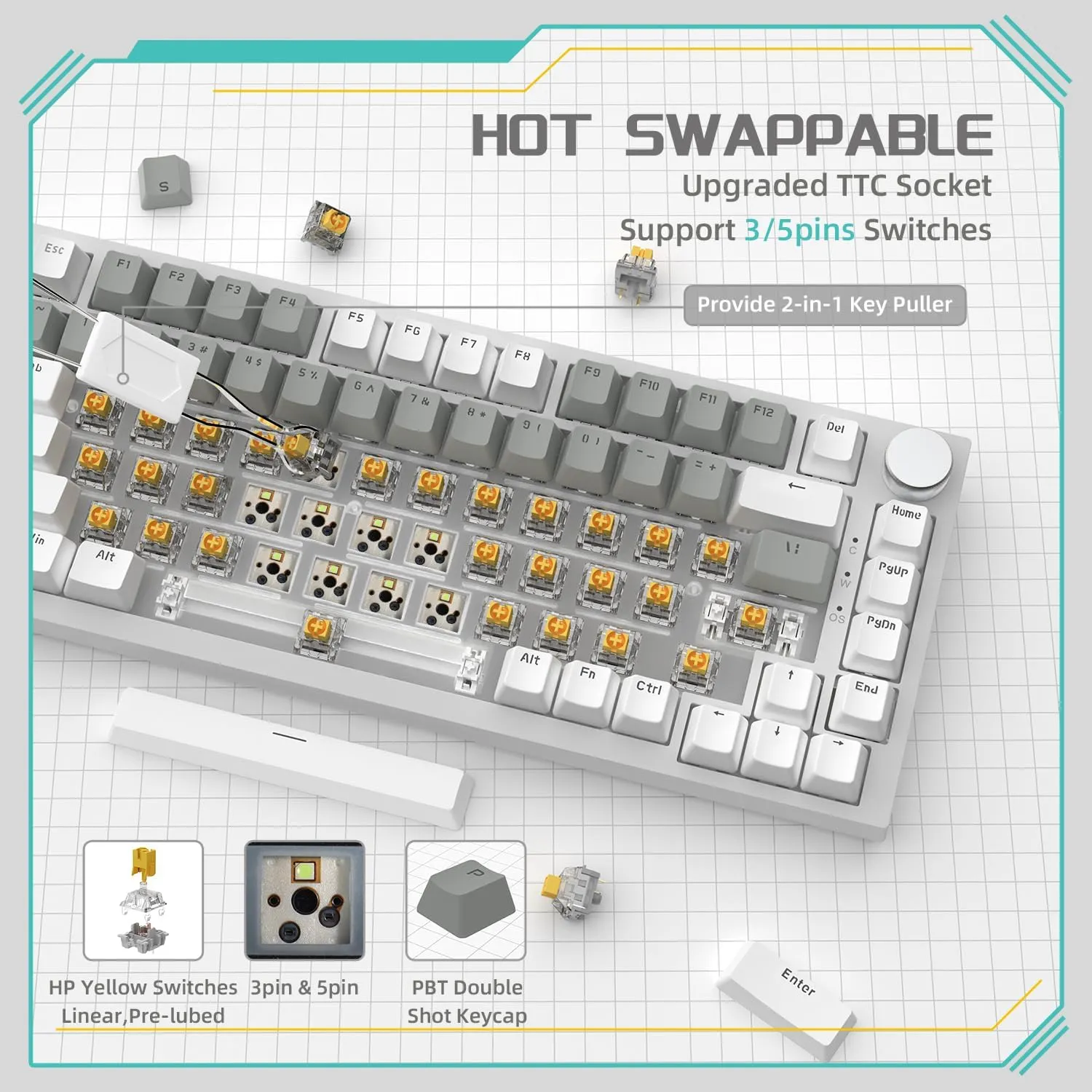 Attack Shark ajazz AK820 75% Mechanical Gaming Keyboard with Knob Hot Swappable Custom Gasket Mounted Keyboard USB-C Wired White LED Linear HP Red Switch for PC/Win/Mac