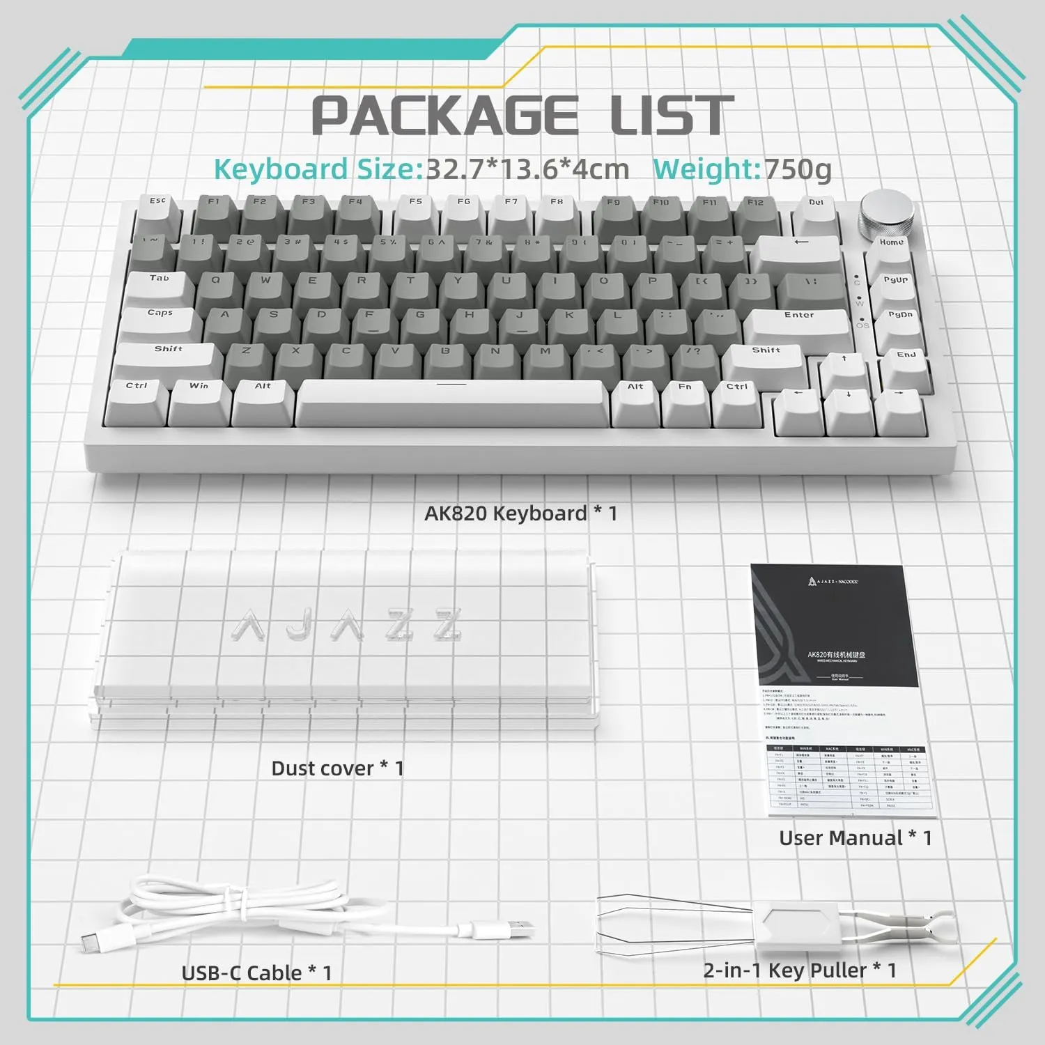 Attack Shark ajazz AK820 75% Mechanical Gaming Keyboard with Knob Hot Swappable Custom Gasket Mounted Keyboard USB-C Wired White LED Linear HP Red Switch for PC/Win/Mac