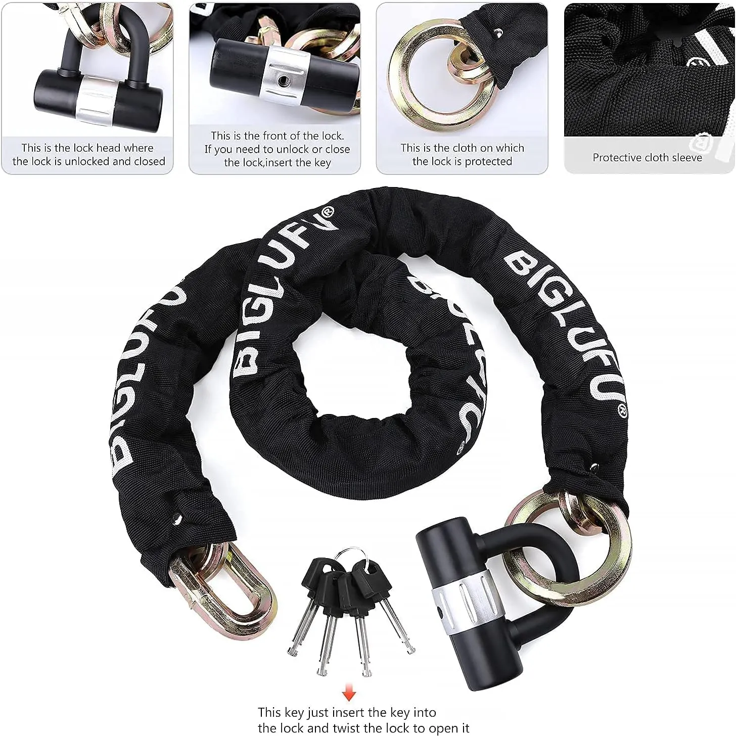 BIGLUFU Motorcycle Chain Lock 150cm/5ft Heavy Duty Bike Chain Lock Anti-Theft Durable Cut Proof 14mm Thick Security Bicycle Chain with 4Keys 16mm U Lock for Moped,Scooter,Motorcycles