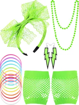 Blulu 80s Accessories Women Lace Headband Earrings Fishnet Gloves Necklace Bracelet for 80s Retro Party Halloween