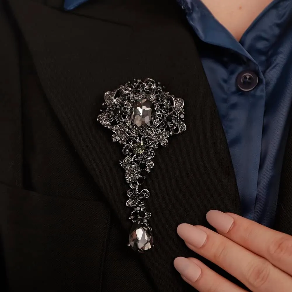 Bouquet Black Crystal Brooch for Unisex Teardrop Large Gorgeous Brooch Pin