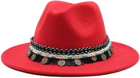 British Style New Jazz Top Hat with Tassels Belt Simple Fashion Big Brim Hat Women's Woolen Felt Hat Big Brim Jazz Hat Fengyan Cowboy Hats (Color : Rose Red, Size : Large(59-61cm))