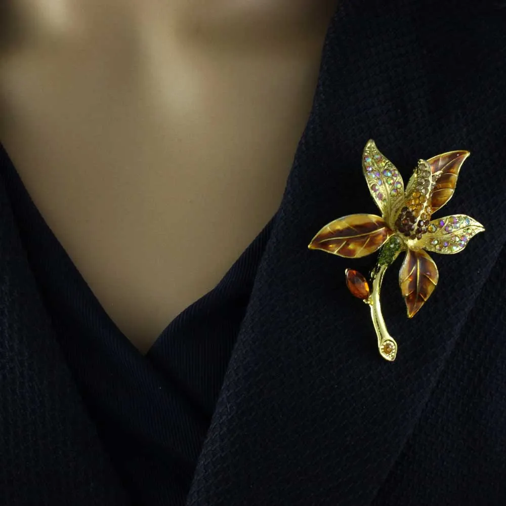 Brown Enamel Crystal Tulip Flower Brooch Pin - PRL038