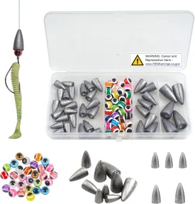 Bullet Fishing Sinker Weights Kit 65pcs Worm Weights with Eye Beads Slip Sliding Sinkers for Bass Fishing Texas Rig Saltwater Freshwater