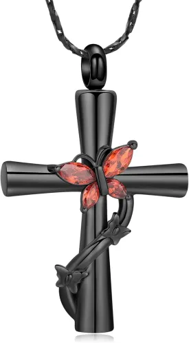 Butterfly Cross Urn Necklace for Ashes Birthstone Cremation Jewelry for Men Women Ashes Pendant Keepsake Memorial Ash Jewelry