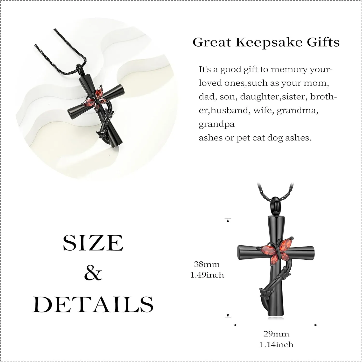 Butterfly Cross Urn Necklace for Ashes Birthstone Cremation Jewelry for Men Women Ashes Pendant Keepsake Memorial Ash Jewelry