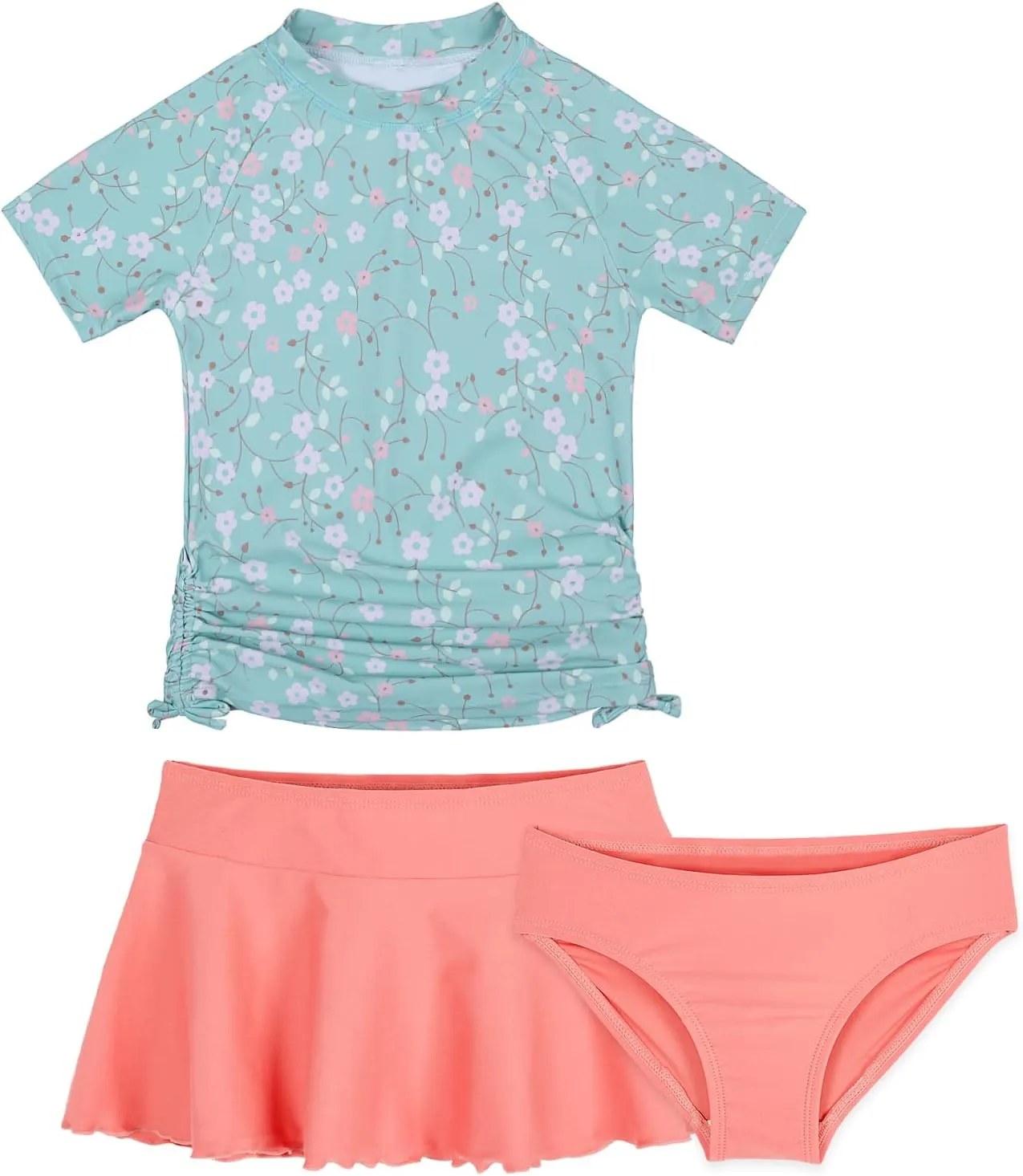 Cadocado Girls Rash Guard Swimwear 3 Pieces Bathing Suit UPF 50  Floral Swim Set Short Sleeve Swimsuit with Skirt