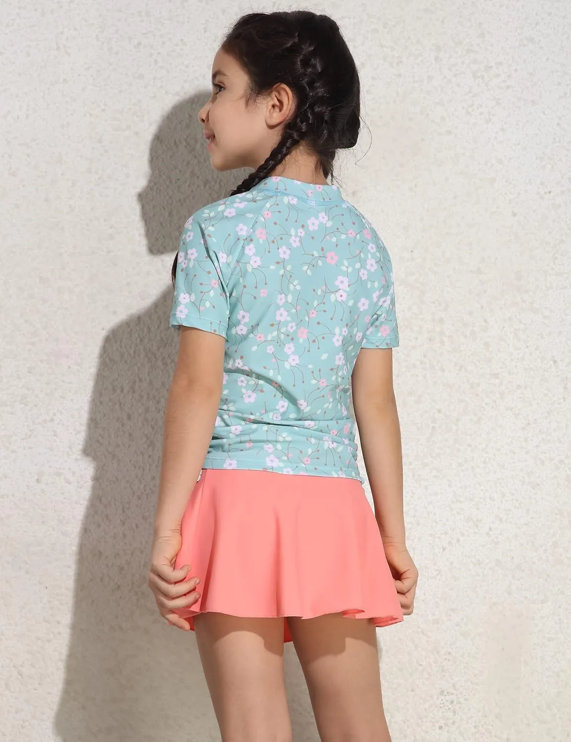 Cadocado Girls Rash Guard Swimwear 3 Pieces Bathing Suit UPF 50  Floral Swim Set Short Sleeve Swimsuit with Skirt