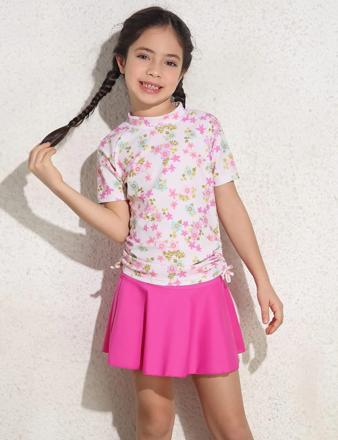 Cadocado Girls Rash Guard Swimwear 3 Pieces Bathing Suit UPF 50  Floral Swim Set Short Sleeve Swimsuit with Skirt