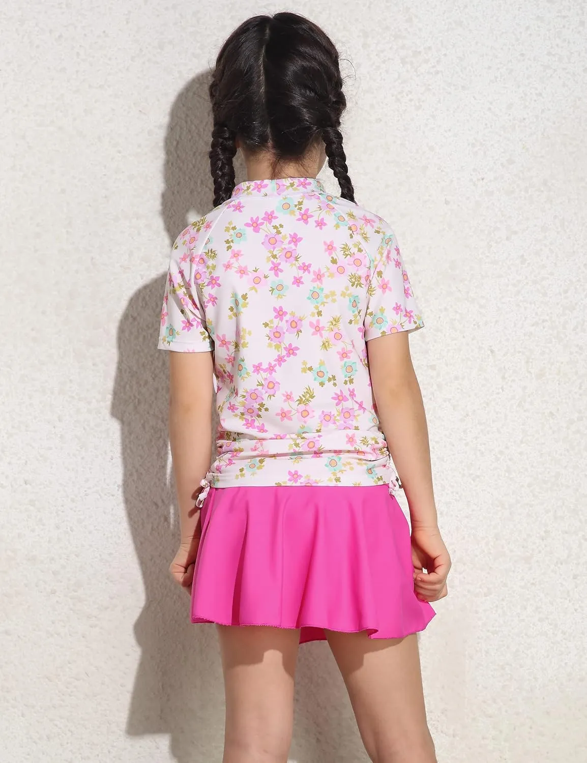 Cadocado Girls Rash Guard Swimwear 3 Pieces Bathing Suit UPF 50  Floral Swim Set Short Sleeve Swimsuit with Skirt