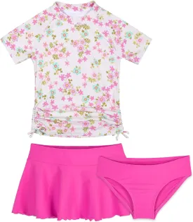 Cadocado Girls Rash Guard Swimwear 3 Pieces Bathing Suit UPF 50  Floral Swim Set Short Sleeve Swimsuit with Skirt
