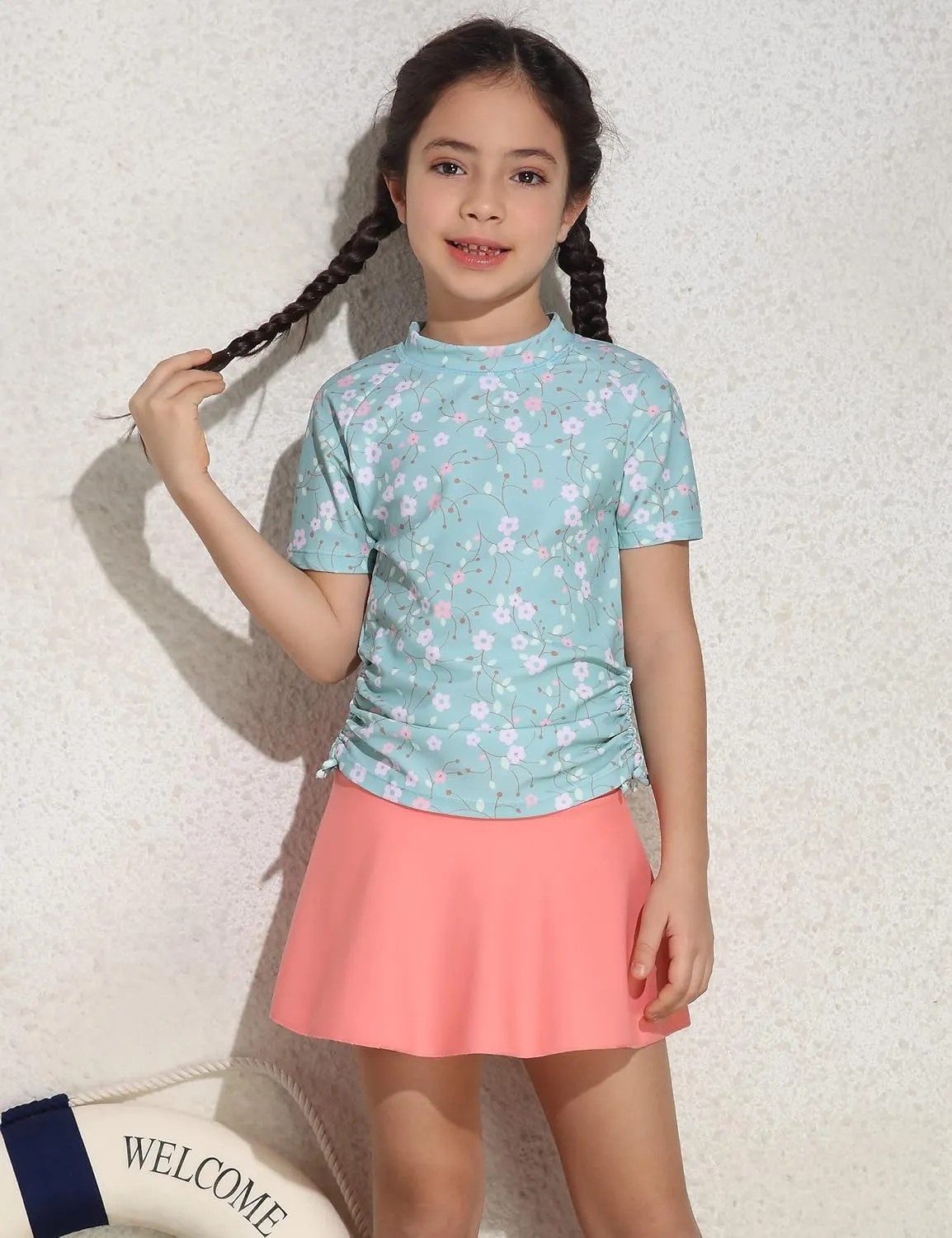 Cadocado Girls Rash Guard Swimwear 3 Pieces Bathing Suit UPF 50  Floral Swim Set Short Sleeve Swimsuit with Skirt