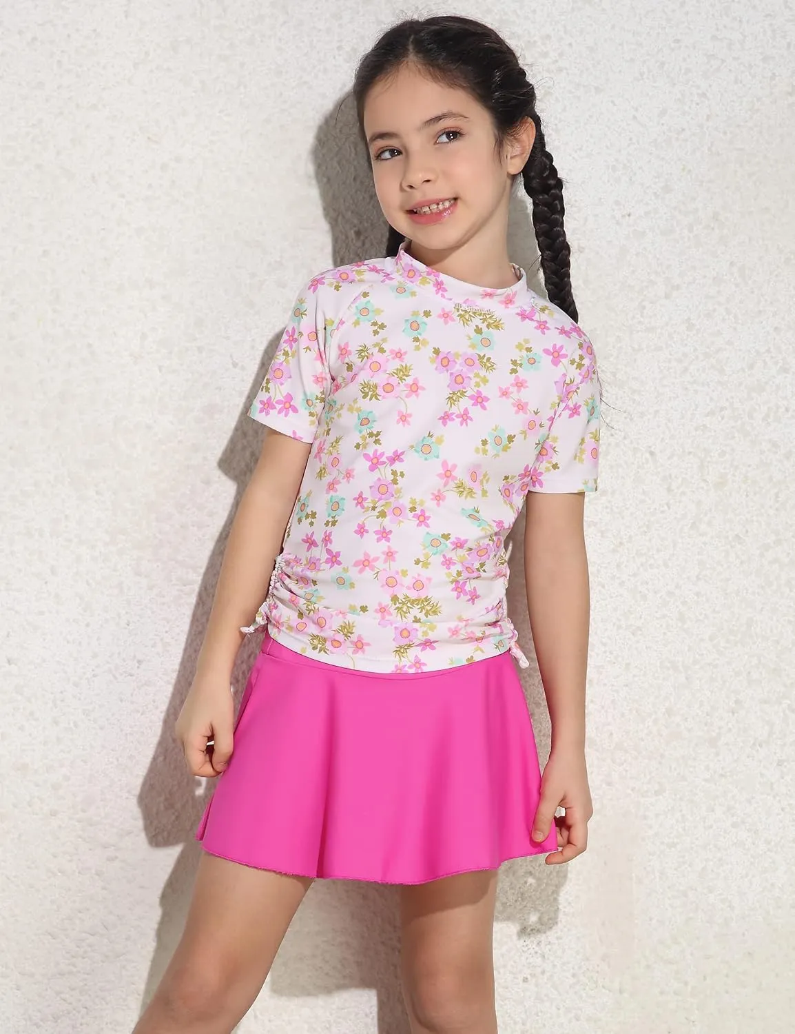 Cadocado Girls Rash Guard Swimwear 3 Pieces Bathing Suit UPF 50  Floral Swim Set Short Sleeve Swimsuit with Skirt