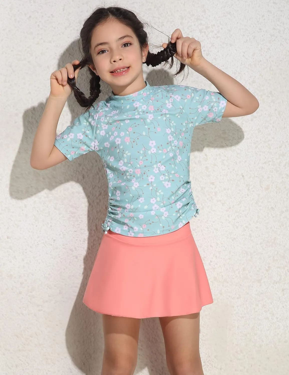 Cadocado Girls Rash Guard Swimwear 3 Pieces Bathing Suit UPF 50  Floral Swim Set Short Sleeve Swimsuit with Skirt
