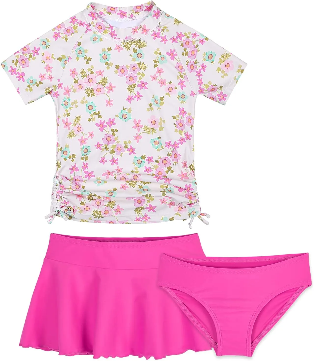 Cadocado Girls Rash Guard Swimwear 3 Pieces Bathing Suit UPF 50  Floral Swim Set Short Sleeve Swimsuit with Skirt