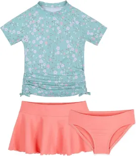 Cadocado Girls Rash Guard Swimwear 3 Pieces Bathing Suit UPF 50  Floral Swim Set Short Sleeve Swimsuit with Skirt
