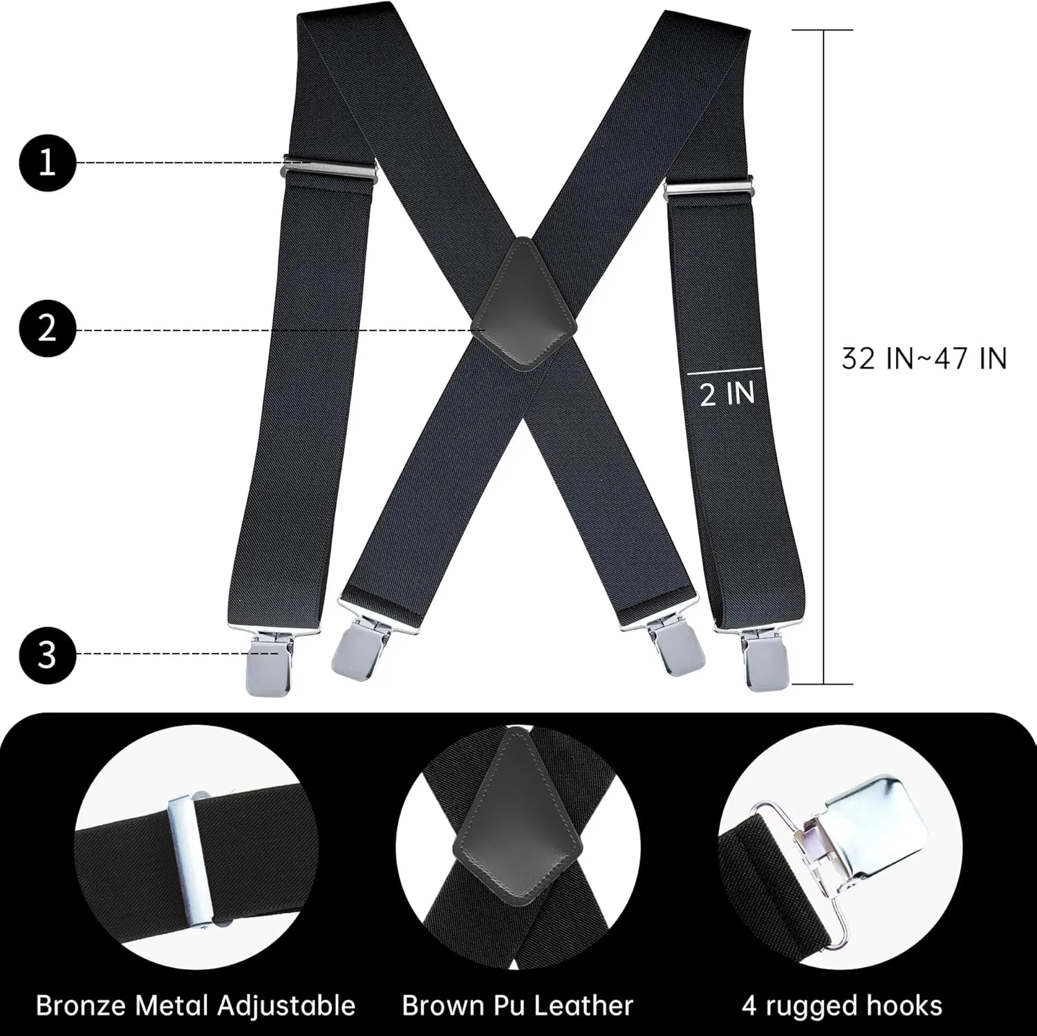 CADONO Men's 2 Inch Heavy Duty SuspendersAdjustable X-Back with Strong Clips for Work, Jeans, and More